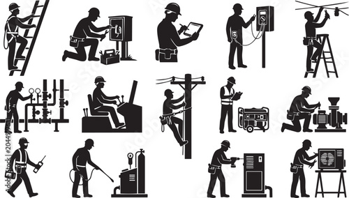 Obraz na plátne Utility Technician and Industrial Worker Silhouette Set Featuring Maintenance In