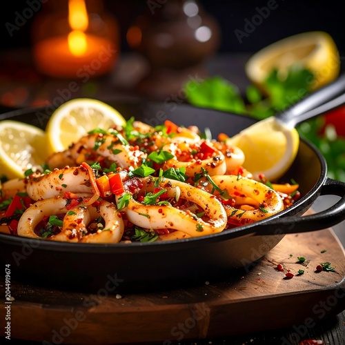 A sizzling skillet of succulent shrimp garnished with fresh herbs and lemon on a wooden board