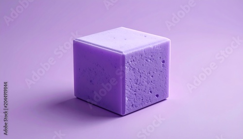 A single purple cube with a textured surface sits on a solid purple background