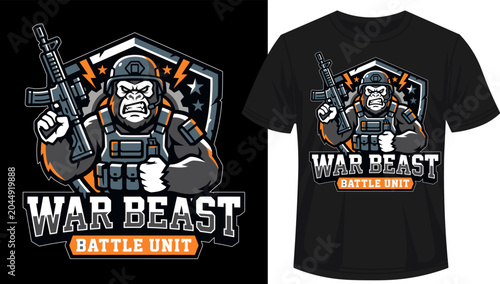 Bild auf Leinwand Angry gorilla soldier with helmet and assault rifle, stylized emblem with lightn