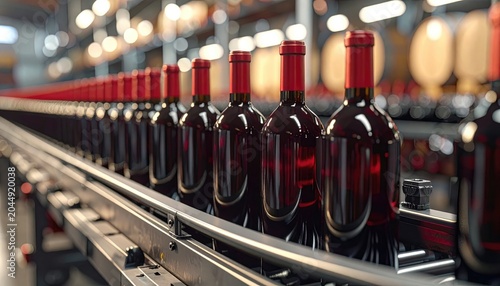 Rows of red wine bottles moving on a conveyor belt in a production facility