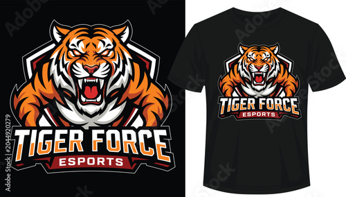 Bild auf Leinwand Fierce tiger head emblem with force esports text, roaring with aggression in a d