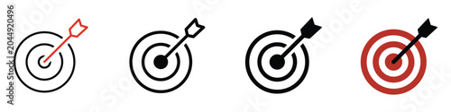 Target icon, containing target with arrow in center, goal symbol, accuracy, focus, vector illustration