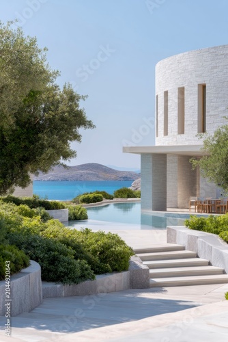 modern terrace and pool area with a building and vast ocean views