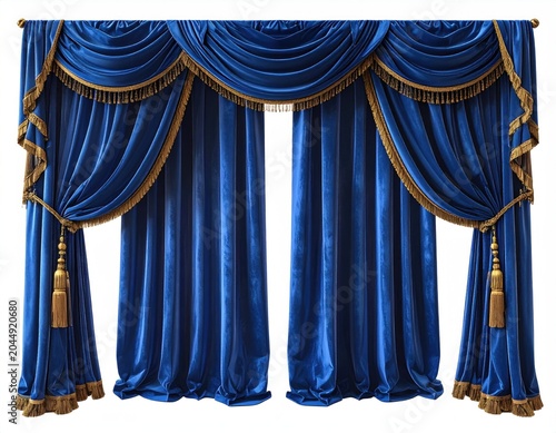 Opulent royal blue velvet drapery with gold trim and tassels