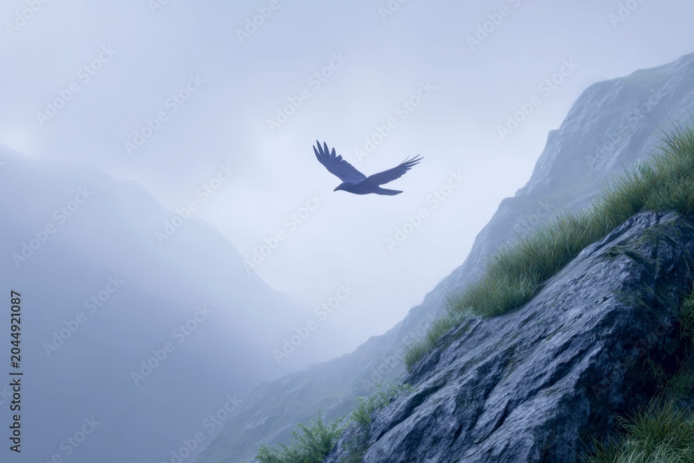 Fototapeta premium a raven flying, grey sky, misty atmosphere