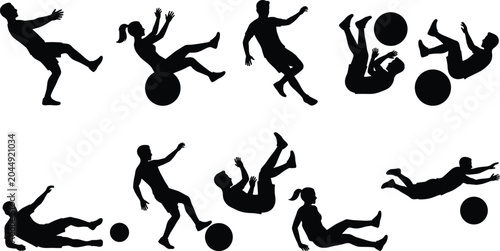 Photos Silhouettes set of people slipping and falling from fitness balls, concept of gy