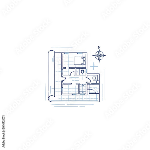 Architectural Floor Plan Blueprint PNG with Compass
