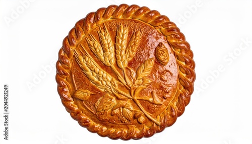 Golden, braided, round bread with ornate wheat sheaf and floral decorations