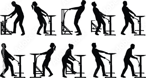 Bild auf Leinwand Silhouettes set of people adjusting standing desks using hand crank, concepts of