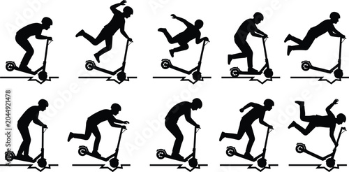 Tableau sur toile Silhouettes set of people having accidents on electric scooters hitting potholes
