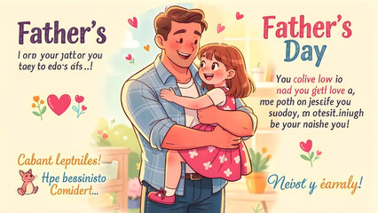 Father's Day, heartwarming illustration, cute family, loving father, happy child