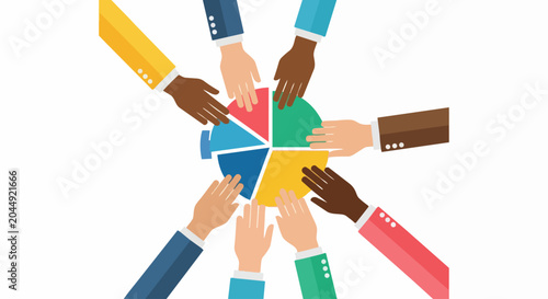 Diverse Business Hands Collaborating on Colorful Pie Chart Flat Illustration, Teamwork and Market Share Concept