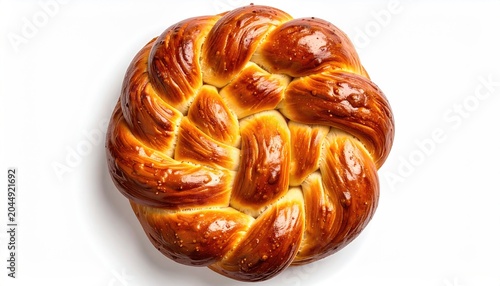 Golden brown braided bread with a shiny crust sprinkled with seeds
