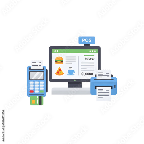 POS System with Card Reader & Printer on Transparent Background