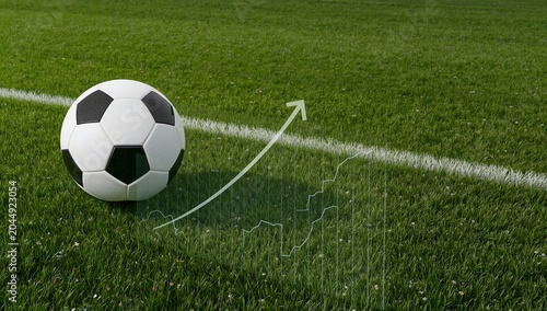 Professional soccer ball on green field with an overlay of upward business growth graph arrow.
