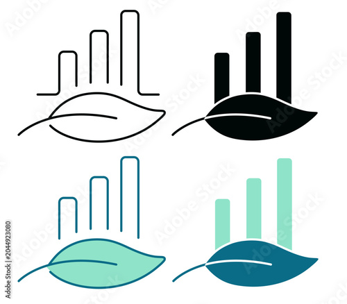 Sustainability KPI icon. Leaf and data bars graphic logo. Sustainable Business concept. Line, Duotone and Solid Style for Dark and Light UI, Web and Mobile Apps.