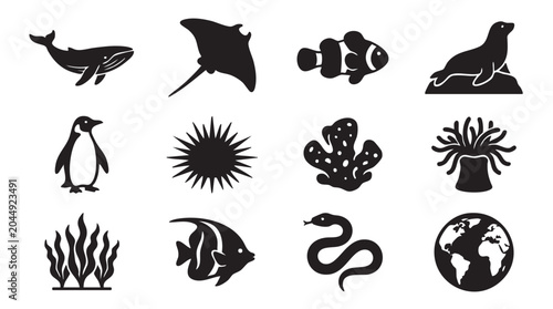 Foto Collection of stylized black and white vector icons representing diverse marine