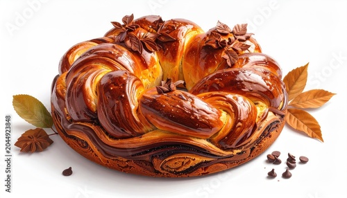 Rich chocolate swirled braided bread, adorned with spices and leaves