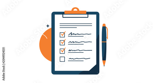 Flat illustration of a white clipboard with a checklist, orange tick marks, and a professional blue pen on white.