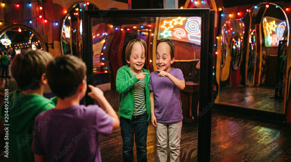 Fototapeta premium Happy kids looking at funny reflections in a carnival mirror maze