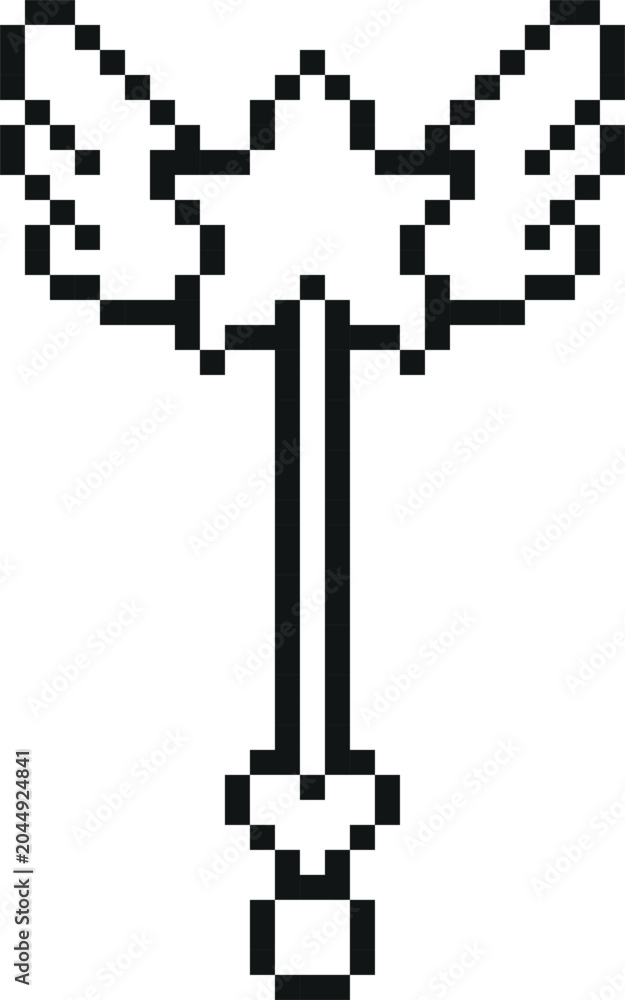 Obraz premium Magic wand black and white pixel art vector icon, retro 8 bit kids fairy toy, wizard tool with star, heart and wings