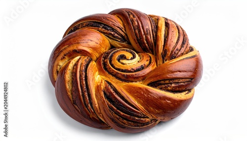A golden-brown braided pastry with dark swirls, presented on a white background