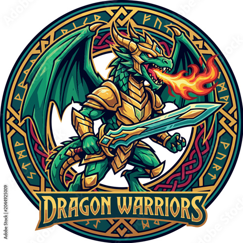 Fotografie Dragon Warriors: Mythical green dragon knight wielding a large glowing broadswor
