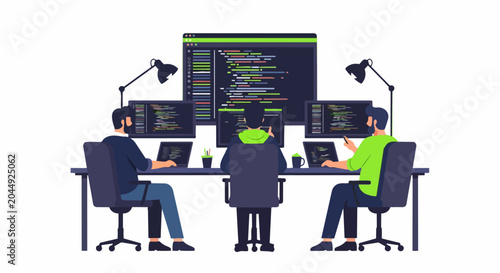 Software Development Team Working on Code in Modern Workspace Flat Vector Illustration