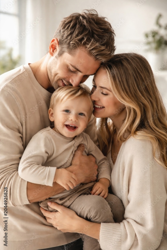 Obraz premium Happy family embracing together indoors.