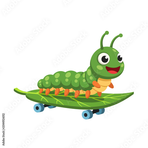 Cartoon caterpillar skateboarding on a leaf, isolated white background