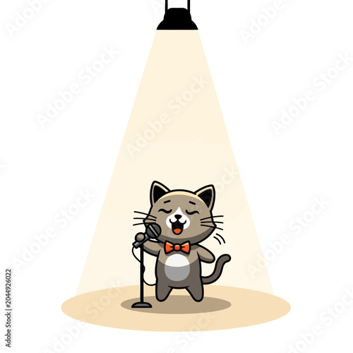 Cartoon cat singing on stage with microphone, spotlight