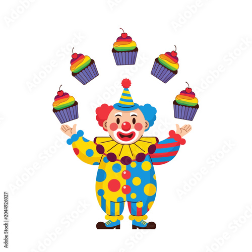 Cartoon Clown Juggling Cupcakes: Party Fun Illustration