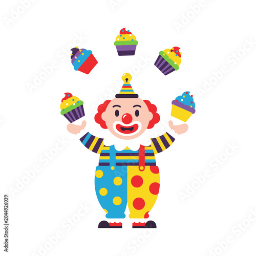 Cartoon Clown Juggling Cupcakes on White Background