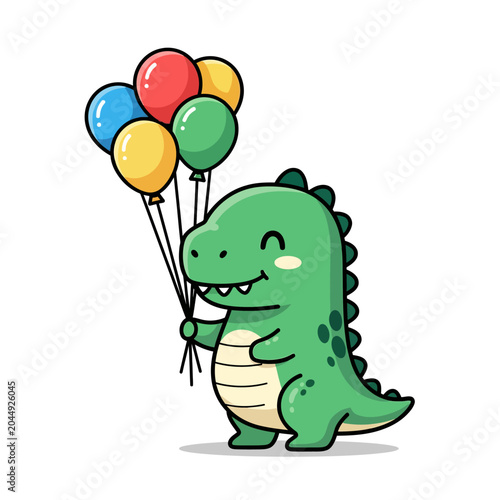 Cartoon dinosaur holding balloons, birthday celebration concept.