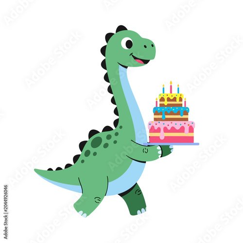 Cartoon dinosaur holding birthday cake, happy celebration, vector
