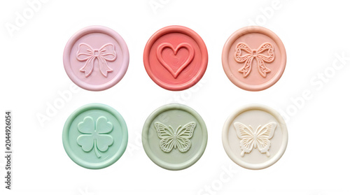 Pastel wax seal stamps collection, set of 6 decorative wax seals with heart and butterfly motifs, elegant stationery embellishments for wedding invitations isolated on Transparent Background