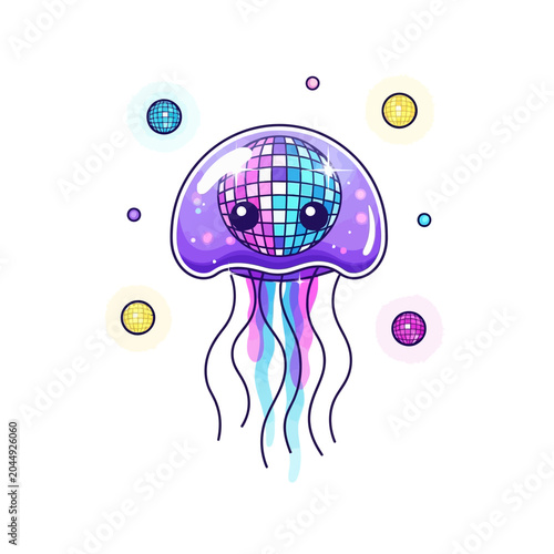 Cartoon Disco Jellyfish with Colorful Floating Spheres