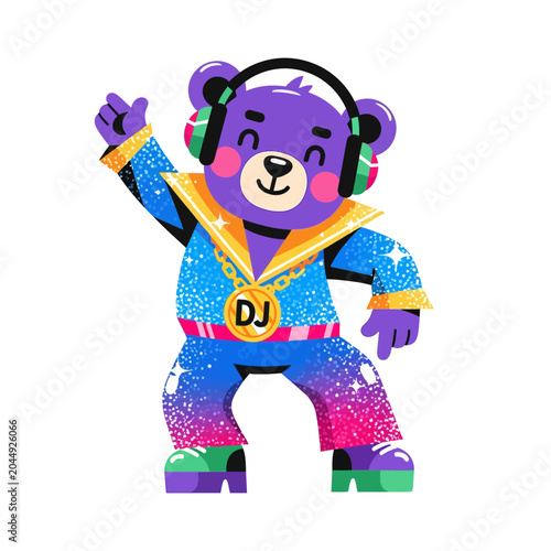 Cartoon DJ Bear Icon with Headphones and Music
