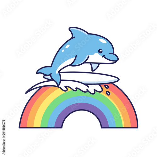 Cartoon Dolphin Leaping Over Rainbow Arch on White