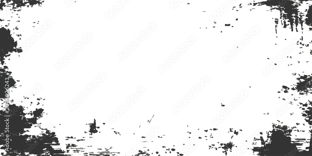 Obraz premium Abstract black ink splashes and dirty paint splatters form a textured grunge frame border design on a vector illustration pattern background