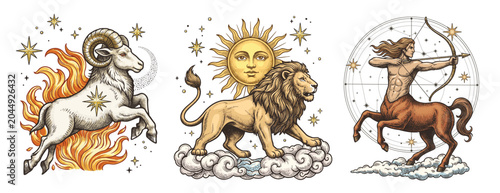 Aries, Leo, Sagittarius symbols. Vintage Fire Western Zodiac signs. Aries ram leaping over flames & stars. Golden lion walks clouds under celestial sun. Majestic centaur archer aims at cosmic stars