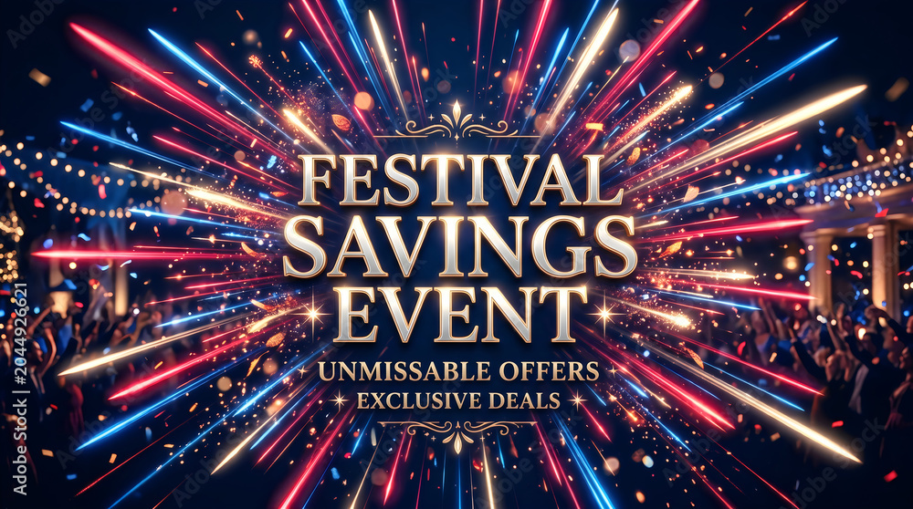 Fototapeta premium Sale celebration event with colorful light trails and discount banners at night
