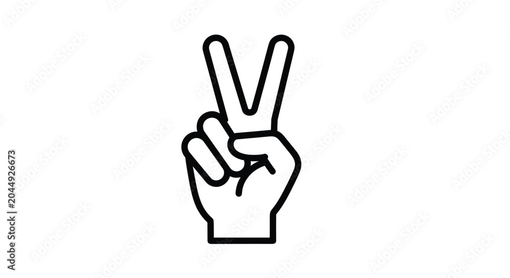 Obraz premium Simple black and white line icon of a human hand making the peace sign or victory gesture with two fingers up.