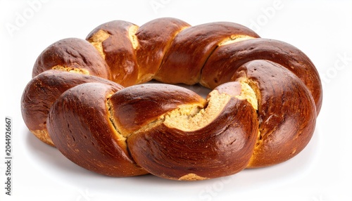 Golden-brown braided circular loaf with a soft, inviting texture