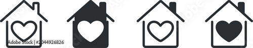 Set of four minimalist house icons with heart shapes inside