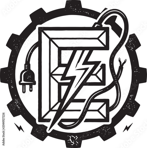 Letter E electrician gear plug badge vector t-shirt design.
