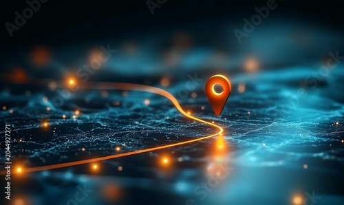 Digital map with glowing location pin and orange path on abstract blue circuit background.