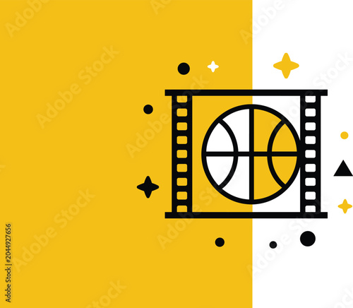 A minimalist icon of a basketball inside a professional film strip showcases dynamic sports media production in a bright studio.