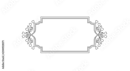 Elegant black and white line art frame with an ornate vintage shape decorated with delicate heart shapes and leafy botanical accents.